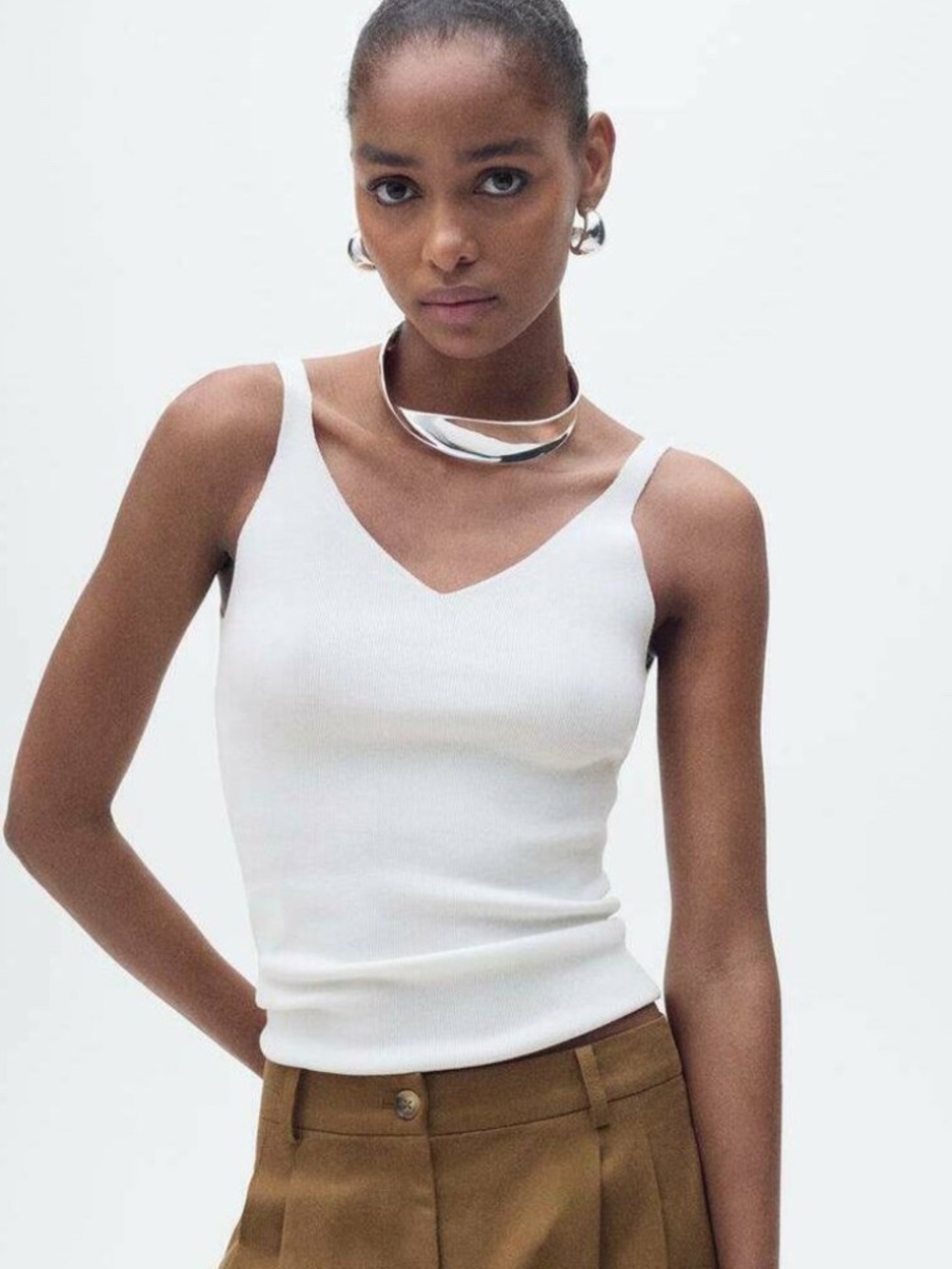 Mango White Ribbed Sleeveless Top | Stretchy | Classic Basic | Size S